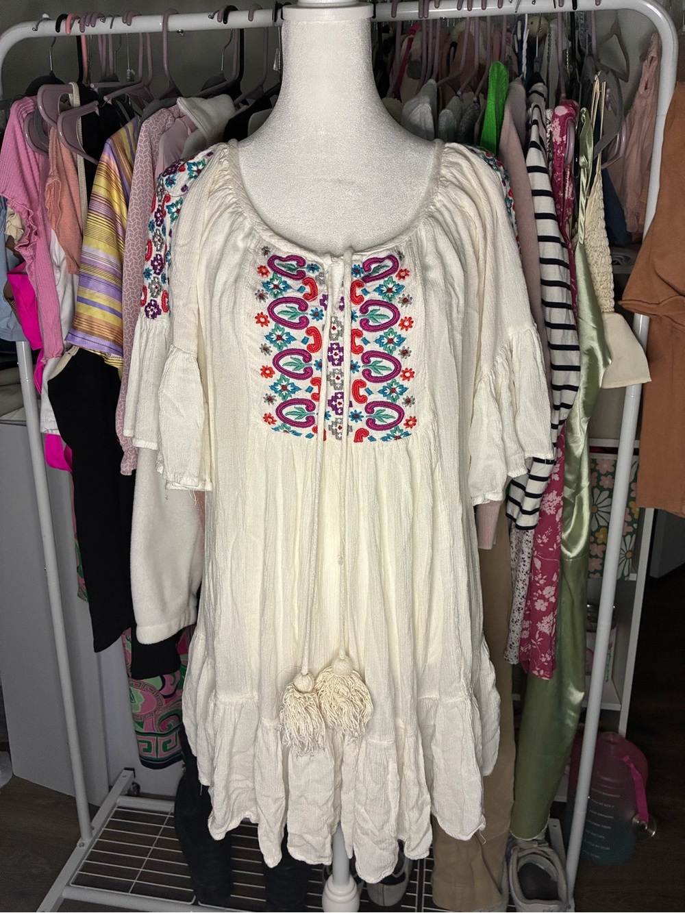 Sacred Threads Ivory Embroidered Peasant Tunic with Tassels
